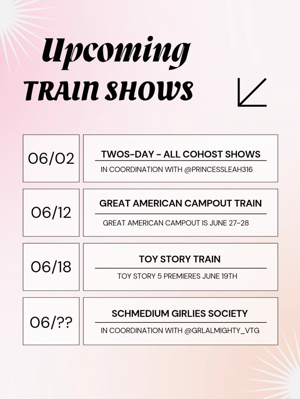 Upcoming Share Show Trains 💖🥳 Let Me Know When You Would Like To Host 🎵💃